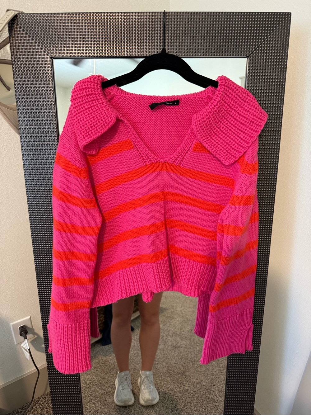 Olivaceous Hot Pink and Red Striped V-Neck Sweater with Wide Collar